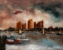 Sakko (Middle East / British Contemporary) - Harbour scene with three boats to the foreground and