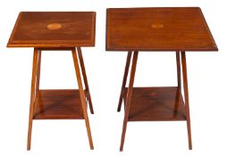 An Edwardian mahogany and inlaid square two tier occasional table, crossbanded in satinwood,