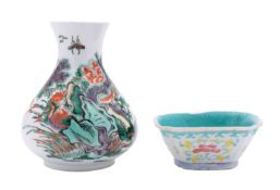 A Chinese famille verte vase, 20th century of compressed pear shape, painted with a phoenix,