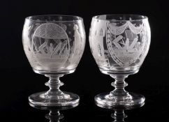 Two similar Masonic glass rummers of barrel shaped form on short knopped stem and circular foot