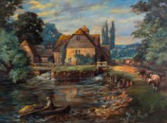 British School 19th Century - A Millhouse with a figure in a rowing boat and cattle on the track