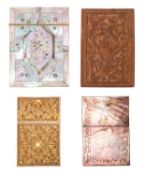 Four 19th century visiting card cases; comprising a mother-of-pearl and haliotis marquetry example,