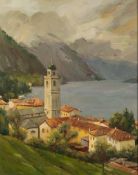 Charles Warren ? Lakeside town - Oil on canvas - 49 x 39cm, 66.5 x 56.5cm framed.