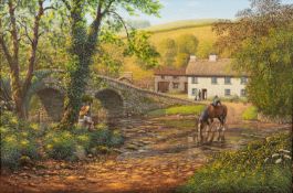 Maunie Bishop (British, b.1944) - The ford in summer - Oil on canvas - 60 x 90cm, 82 x 112.