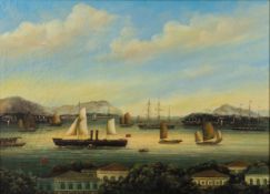 Chinese School, 20th Century - A China trade view of Whampoa Anchorage - Oil on plywood - 44 x 60.