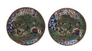 A pair of Chinese cloisonne large saucer dishes each decorated in 17th/18th century style with