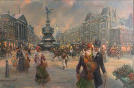John Frederick Lloyd Strevens (British, 1902-1990) 'In Old Piccadilly' - Oil on canvas - 50 x 75.