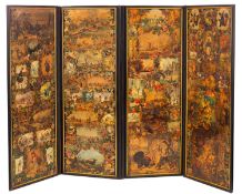 A Victorian for fold scrapwork screen, the ebonised and gilt framed panels depicting flowers,