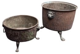 Two repousse worked copper and brass mounted log bins, Low Countries,