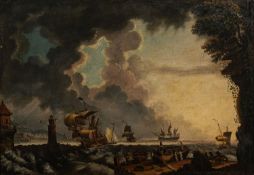 British School, 18th Century - Ships seeking shelter in a storm - Oil on canvas - 62 x 89.
