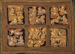 A Burmese Kalaga tapestry, the six panel field richly embroidered,