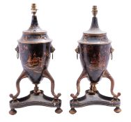 A pair of Regency toleware urns refitted as a table lamps,
