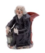 A Staffordshire pearlware 'Nightwatchman' toby jug wearing a black overcoat,