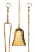A set of three brass fire tools, early 19th century; comprising shovel, poker and tongs,