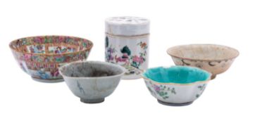 A mixed lot of Chinese porcelain comprising a famille rose lobed bowl painted with a pheasant,