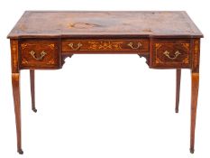 An Edwardian rosewood and inlaid rectangular writing table, bordered with boxwood lines,