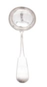 A George III silver soup ladle, Fiddle pattern, initialled, by Alice & George Burrows,