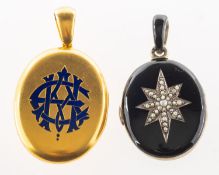 Two Victorian lockets, including an oval hinged locket with blue enamelled monogram to one side,