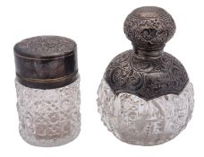 An Edwardian silver mounted clear glass jar & scent bottle,