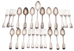 A matched part-canteen of William IV Fiddle pattern silver flatware,