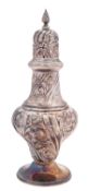 An Edwardian silver sugar caster, vase-shaped, heavily embossed & chased with foliate scrolls,