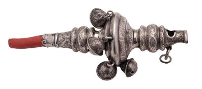 A Victorian silver baby's rattle, baluster form, with engraved decoration,