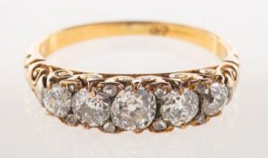 A Victorian five stone diamond ring, claw set with five graduated old-cut diamonds, diamonds approx.
