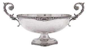 An Edwardian two-handled silver fruit dish, oval form, with gadroon, shell & scroll borders, twin,