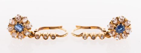 A pair of antique diamond and sapphire drop earrings, possibly late Victorian/early 20th century,