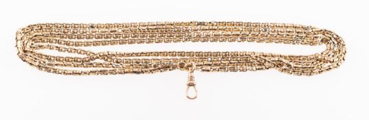 A long fancy link watch chain, with swivel clasp, unmarked yellow metal, length approx. 124.0cm, 28.