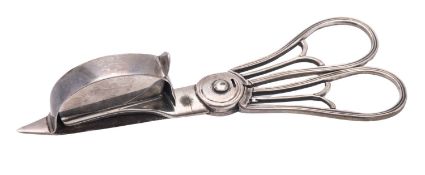 A small pair of George III silver scissor snuffers, with sprung, pierced & reeded handles,