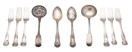 A small mixed lot of silver flatware, to include 6 Scottish dessert forks, a soup ladle,