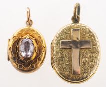 A Victorian pink topaz memorial locket and one other locket, an oval hinged dome shaped locket,