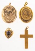 A mixed group antique pendants, including a cross pendant, engraved to the front with 'E.A.M.L, I.