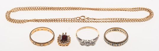 A mixed group of jewellery, including a three stone ring,