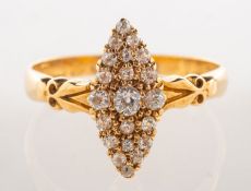 An 18ct gold Victorian diamond ring, of navette form, grain set with old-cut diamonds,