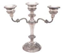 A cased modern silver three-light candelabrum, circular form,