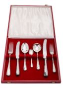 An Elizabeth II cased silver one place or bachelor's setting, Hanoverian pattern,