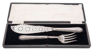 A Victorian cased pair of silver fish servers, with bead borders,