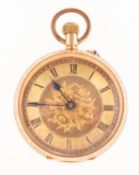 A 14K gold open-faced pocket watch the gold dial having black Roman numerals and blued-steel spade