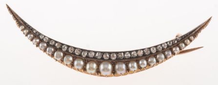 A Victorian pearl and diamond crescent moon brooch,