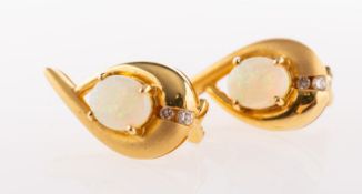 A pair of opal and diamond earrings, each of two curved sections one longer than the other,