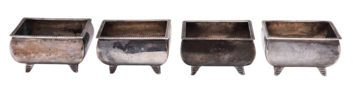 A set of four George III silver salts, rectangular bombé form,