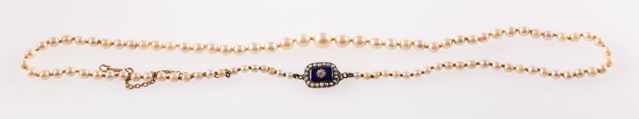 An antique cultured pearl necklace with blue enamel and diamond clasp,