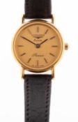 Longines Prescence a gold-plated quartz wristwatch the round gilt dial having raised baton numerals,