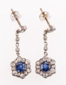 A pair of antique sapphire and diamond drop earrings,