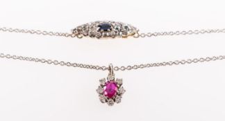 A diamond and gemstone necklace, the trace chain having an antique navette shaped clasp,