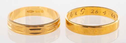 Two wedding bands, including a 22ct gold wedding band, engraved inside A&G 26.4.