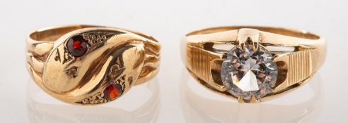 Two 9ct gold dress rings, including a 9ct gold double headed snake ring,