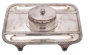 A late Victorian silver inkstand, rounded rectangular form, with gadrooned borders,
